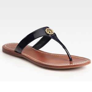 Tory Burch Cameron Black Patent Leather Gold Logo Thong Slide Sandals - 9